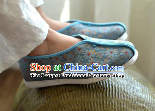 China Traditional Hanfu Shoes Blue Brocade Shoes National Women Cloth Shoes