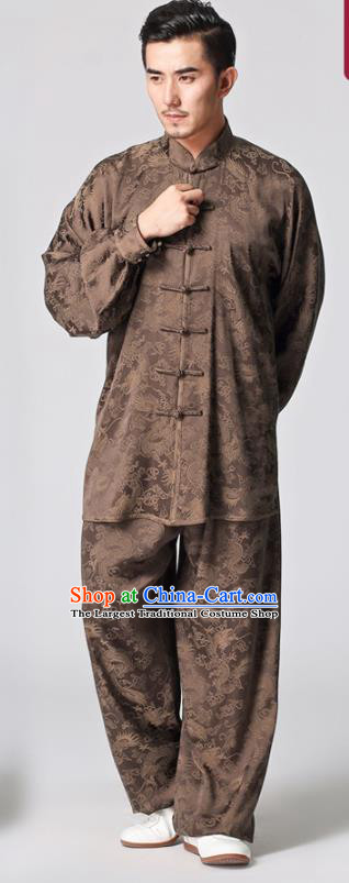 Chinese Tai Chi Kung Fu Uniforms Traditional Dragon Pattern Brown Silk Costumes