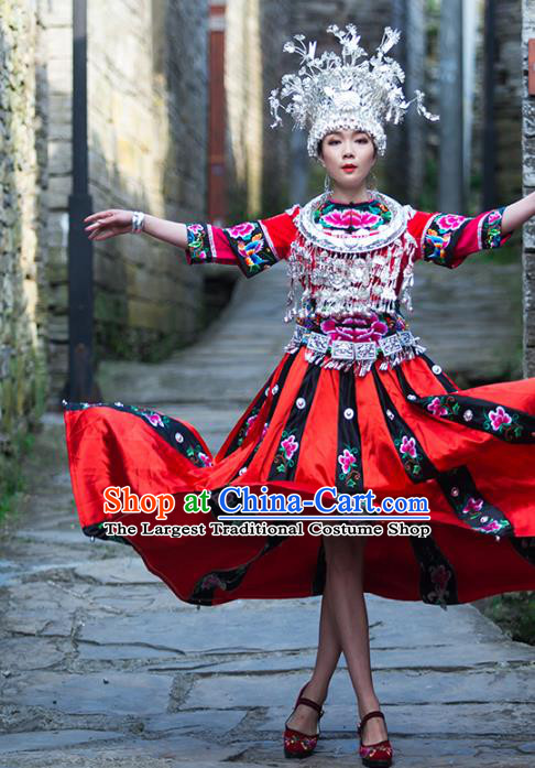 Chinese Miao Nationality Stage Performance Clothing Xiangxi Hmong Ethnic Bride Red Outfits and Silver Headwear