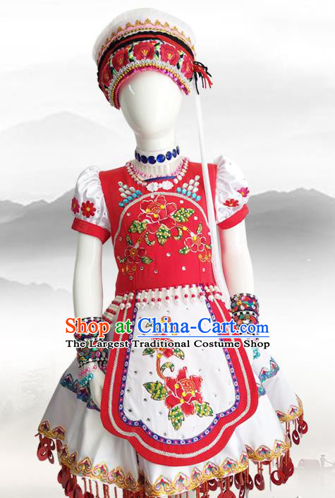 Chinese Yunnan Ethnic Woman Costume Bai Nationality Outfits Minority Folk Dance Rosy Dress Clothing and Hat