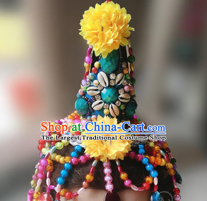 China Mosuo Ethnic Folk Dance Headwear Traditional Nationality Minority Beads Tassel Hair Accessories