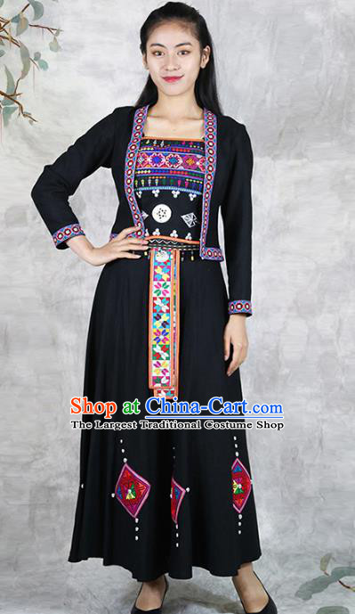 Chinese Hani Minority Informal Clothing Yunnan Ethnic Costume Nationality Woman Black Dress Outfits