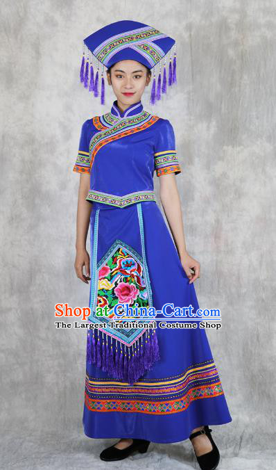 Chinese Ethnic Folk Dance Costume Zhuang Minority Informal Clothing Nationality Woman Royalblue Dress Outfits and Headwear