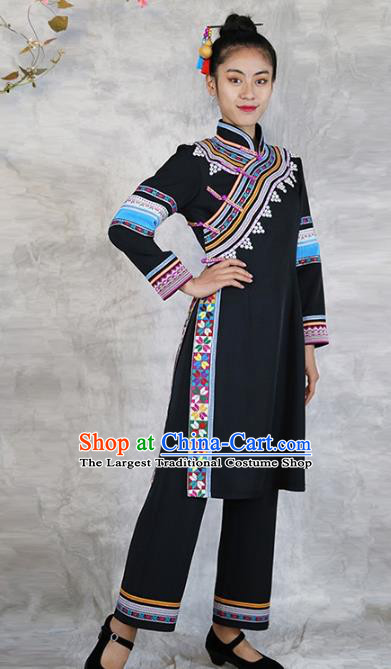 Chinese Lahu Minority Informal Clothing Yunnan Nationality Black Dress Outfits Ethnic Woman Costume