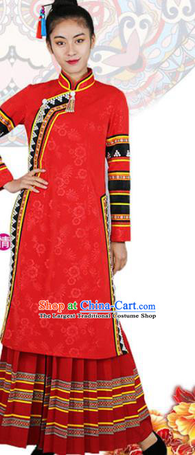 Chinese Lahu Nationality Bride Red Dress Outfits Yunnan Ethnic Woman Costume Yunnan Minority Clothing