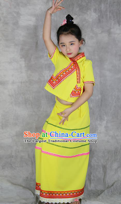 China Yunnan Province Ethnic Minority Children Yellow Outfits Dai Nationality Costumes