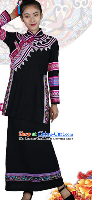 Chinese Lahu Minority Black Outfits Clothing Yunnan Ethnic Woman Informal Costume Nationality Folk Dance Dress