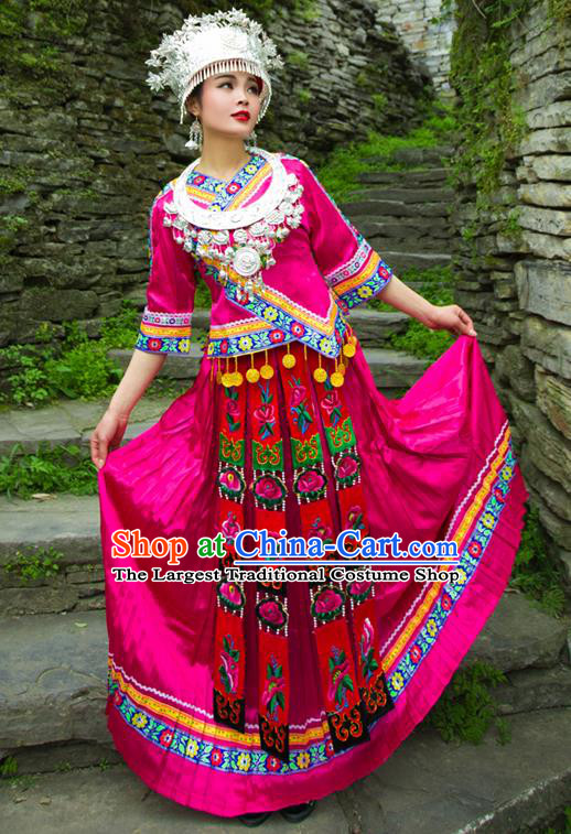 Chinese Tujia Ethnic Stage Performance Rosy Outfits Dong Nationality Wedding Dress Clothing and Headdress