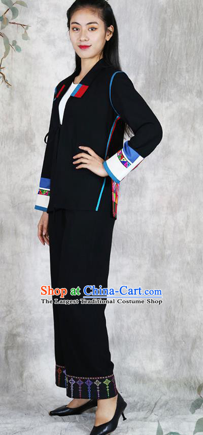 Chinese Hani Minority Woman Dress Clothing Yunnan Ethnic Informal Costume Nationality Black Flax Outfits