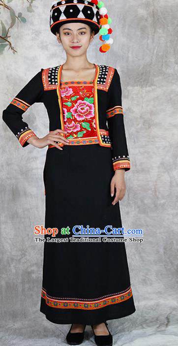 Chinese Yunnan Ethnic Costume Nationality Woman Black Dress Outfits Hani Minority Informal Clothing and Hat