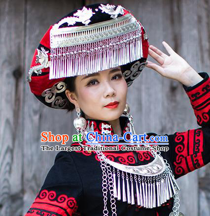 China Traditional Yi Nationality Bride Silver Tassel Hat Liangshan Ethnic Minority Bride Headwear