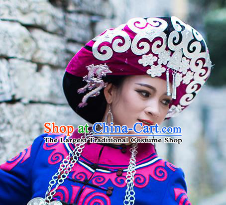 China Liangshan Ethnic Minority Bride Rosy Headwear Traditional Yi Nationality Bride Silver Tassel Hat