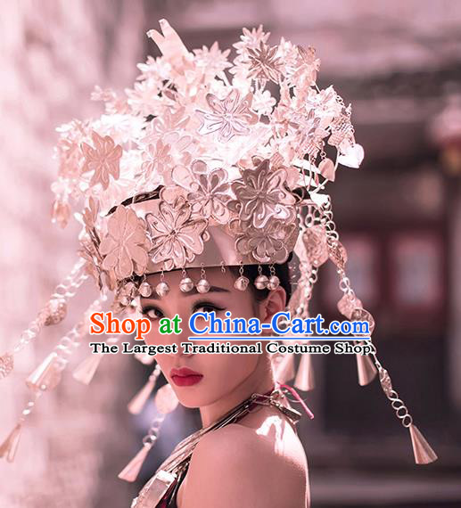 China Traditional Miao Nationality Wedding Silver Bells Hat Hmong Bride Phoenix Coronet Headwear