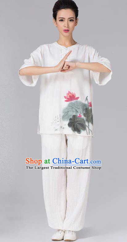 China Tai Chi Ink Painting Lotus Uniforms Traditional Martial Arts White Flax Clothing