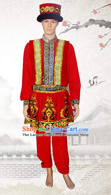 China Tajik Nationality Wedding Costumes Xinjiang Tayikos Ethnic Minority Male Red Outfits Clothing and Hat