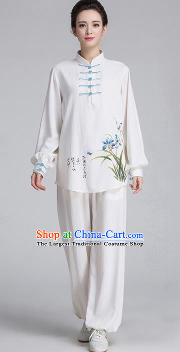 China Hand Painting Orchids White Flax Uniforms Traditional Martial Arts Tai Chi Clothing