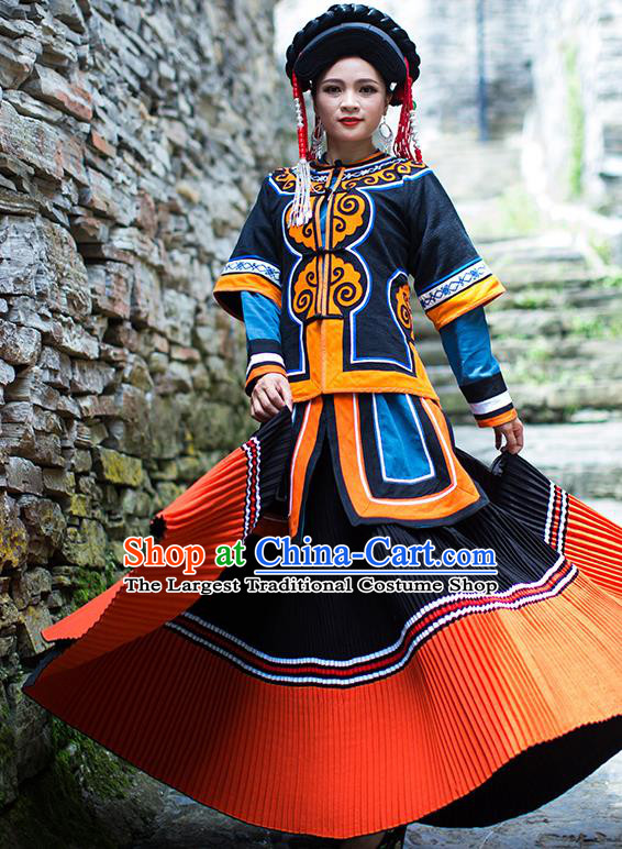 Chinese Yi Nationality Dress Stage Show Clothing Ethnic Woman Folk Dance Outfits Costumes and Hat