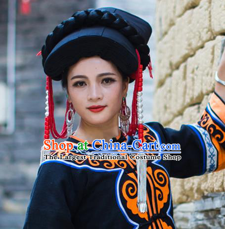 China Liangshan Ethnic Minority Black Tile Headwear Traditional Yi Nationality Tassel Hat for Women