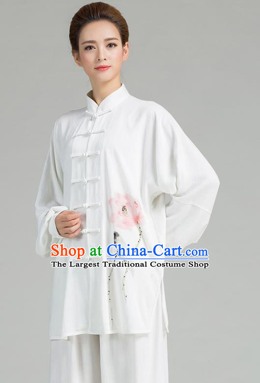 China Traditional Martial Arts Tai Chi Clothing Hand Painting Lotus White Flax Uniforms