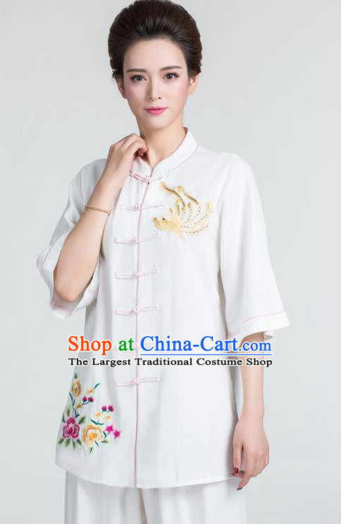 China Kung Fu Printing Flowers White Uniforms Traditional Martial Arts Tai Chi Clothing