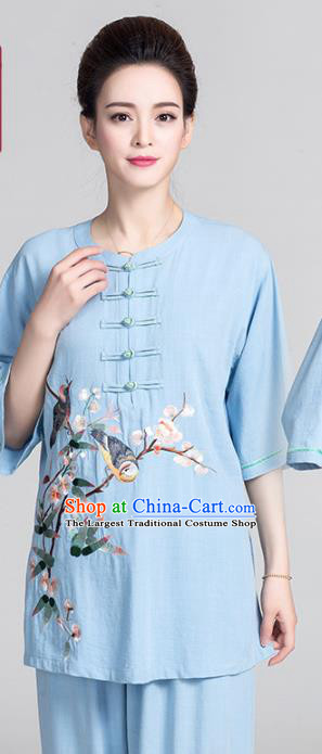 China Traditional Tai Chi Costume Women Martial Arts Clothing Kung Fu Printing Flowers Bird Blue Uniforms