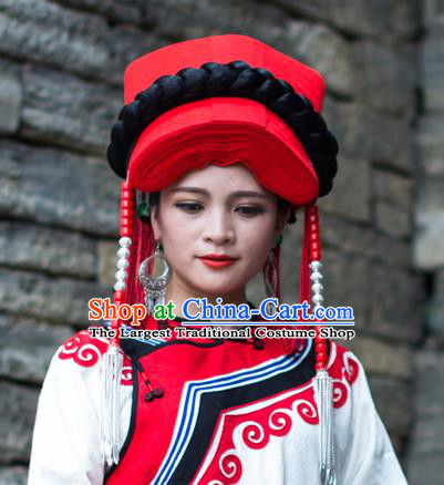 China Traditional Yi Nationality Tassel Red Hat Liangshan Ethnic Minority Tile Headwear for Women