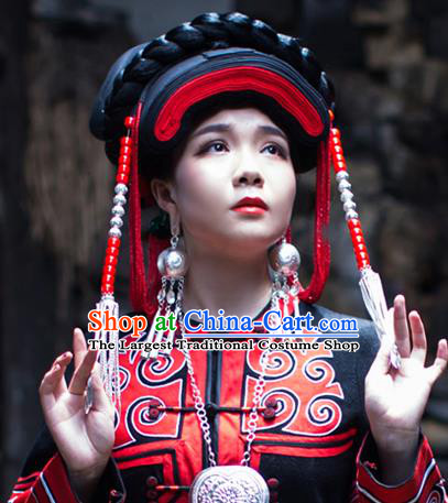China Traditional Yi Nationality Folk Dance Beads Tassel Hat Liangshan Ethnic Minority Stage Show Headwear for Women
