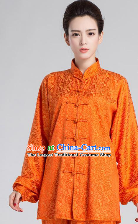 China Women Kung Fu Costumes Traditional Tai Chi Performance Orange Silk Uniforms