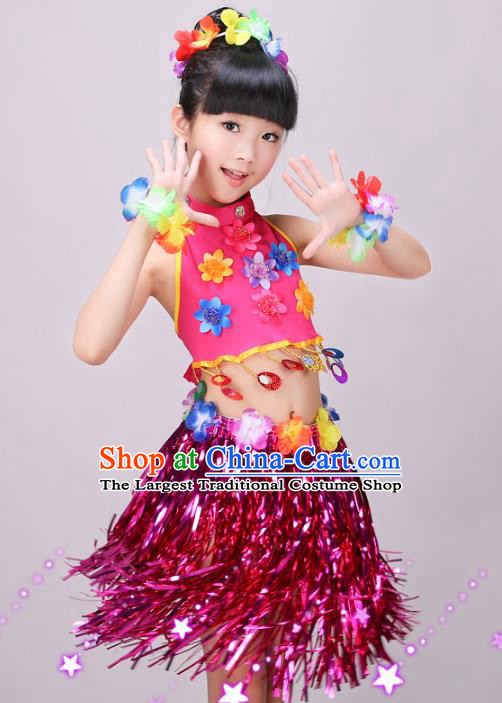 Top Children Day Dance Rosy Outfits Hawaiian Dance Dress Stage Performance Clothing