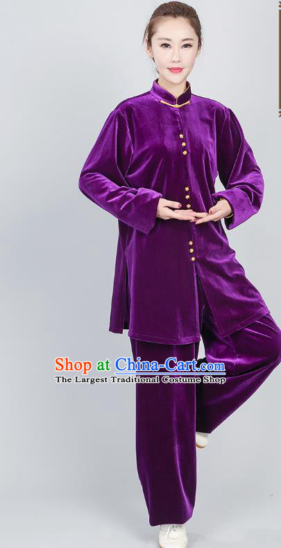 China Kung Fu Training Clothing Tai Chi Performance Costumes Martial Arts Purple Pleuche Uniforms