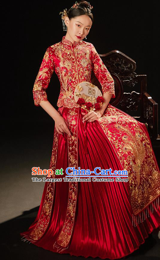 Chinese Bride Embroidered Costumes Classical Xiuhe Suit Red Outfits Traditional Wedding Clothing