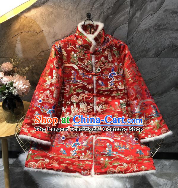 China Winter Woman Red Brocade Cotton Padded Jacket Traditional Tang Suit Outer Garment