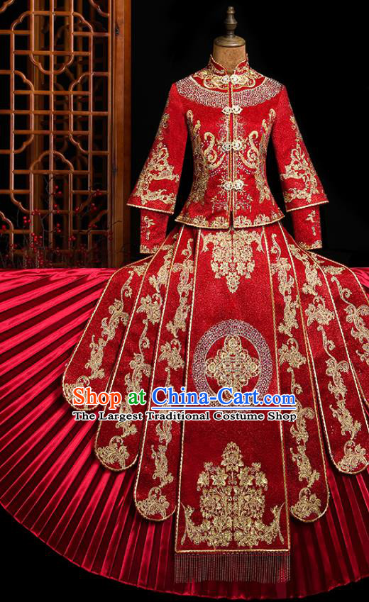 Chinese Classical Bride Embroidered Costumes Xiuhe Suit Drilling Outfits Traditional Wedding Toast Clothing