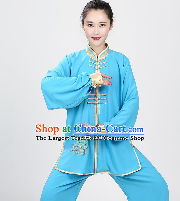 China Female Kung Fu Training Clothing Traditional Martial Arts Competition Embroidered Bamboo Blue Uniforms