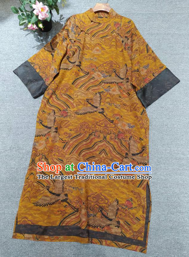 Chinese Classical Ginger Silk Qipao Dress Traditional Printing Wave Cranes Cheongsam National Women Clothing