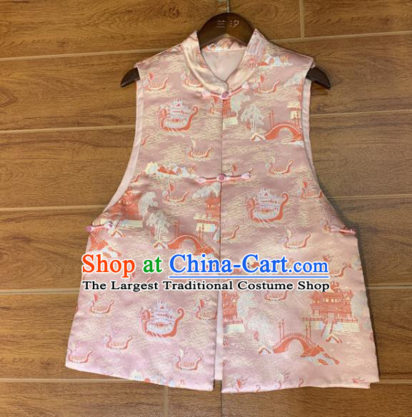 Chinese Tang Suit Waistcoat National Pink Brocade Vest Upper Outer Garment