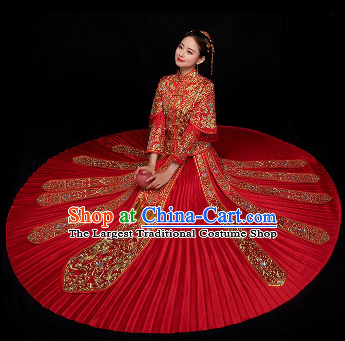 Chinese Ancient Bride Embroidery Costumes Traditional Xiuhe Suit Wedding Toast Clothing Red Tassel Outfits