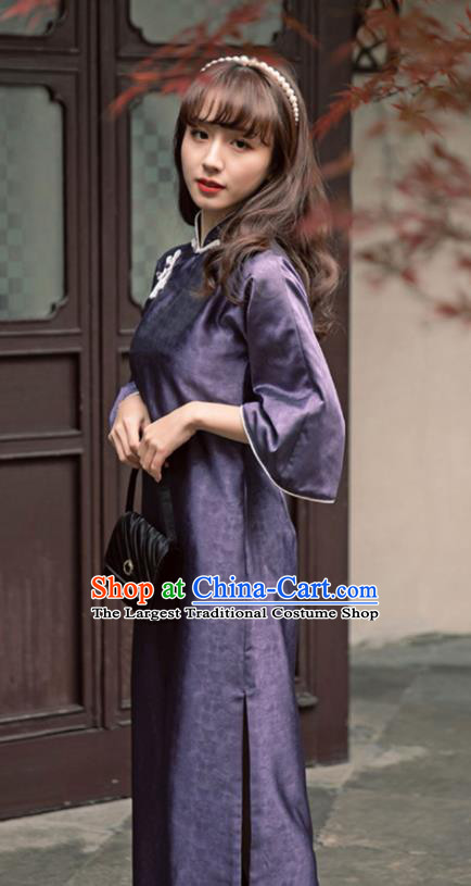 Chinese National Wide Sleeve Cheongsam Traditional Women Clothing Deep Purple Qipao Dress
