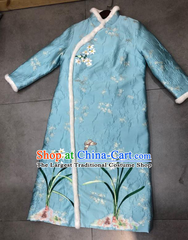 Chinese National Women Clothing Classical Embroidered Orchids Blue Qipao Dress Traditional Winter Cheongsam