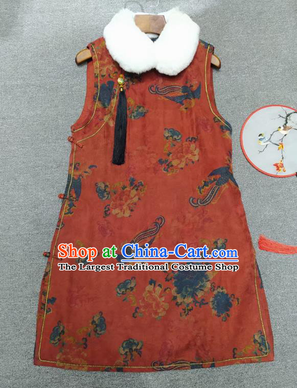 Chinese Classical Phoenix Pattern Red Qipao Dress Traditional Silk Cheongsam National Women Clothing