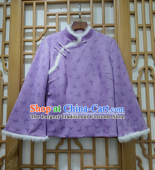 China Woman Classical Butterfly Pattern Lilac Brocade Jacket Traditional Tang Suit Winter Cotton Padded Coat