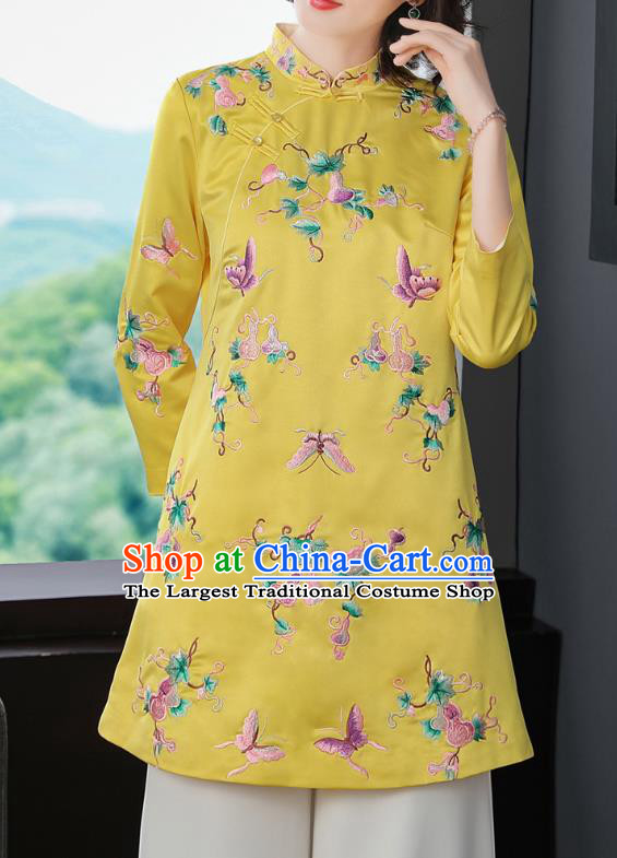 China Winter Woman Embroidered Butterfly Yellow Brocade Jacket Traditional Tang Suit Coat