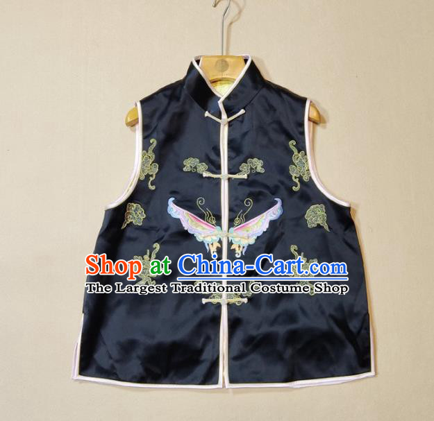 Chinese Tang Suit Waistcoat National Embroidered Butterfly Black Brocade Vest Upper Outer Garment