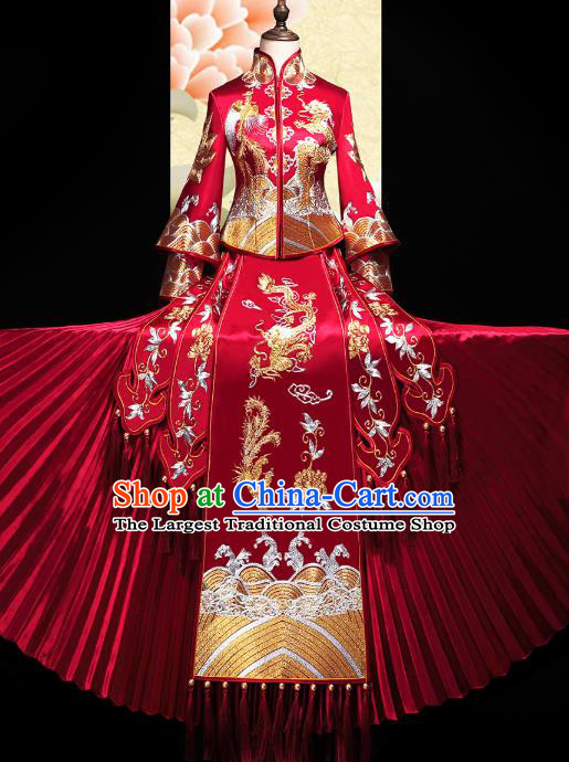 Chinese Traditional Embroidery Dragon Phoenix Red Xiuhe Suit Wedding Toast Outfits Clothing Bride Costumes