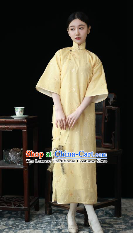 Chinese National Women Cheongsam Traditional Embroidered Clothing Classical Light Yellow Qipao Dress