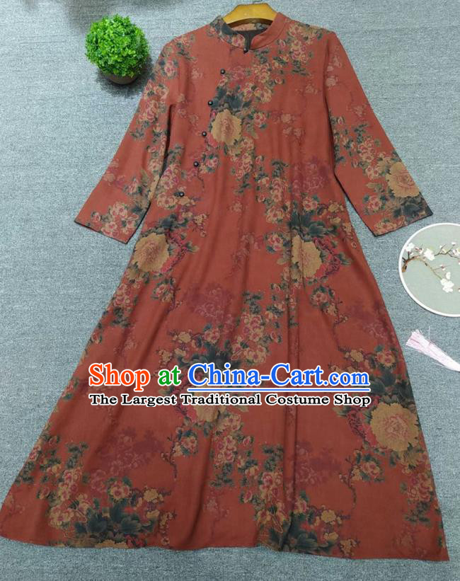 Chinese Classical Red Qipao Dress Traditional Peony Pattern Cheongsam National Women Clothing