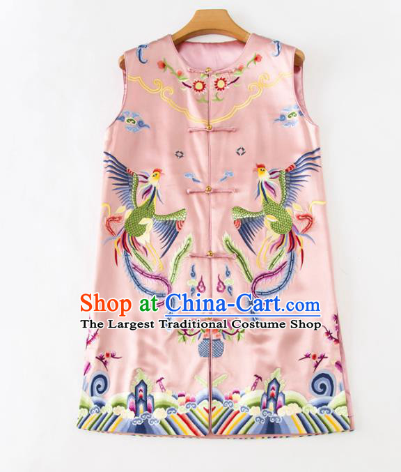 Chinese Embroidered Phoenix Pink Silk Vest National Women Clothing Tang Suit Waistcoat