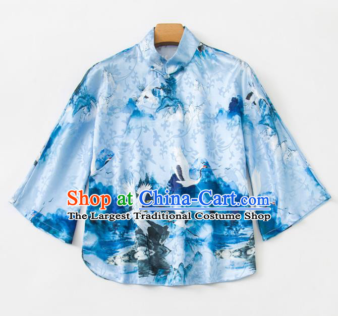 China Woman Printing Crane Blue Silk Shirt Upper Outer Garment Traditional Tang Suit Blouse