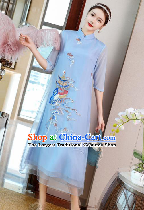 Chinese National Women Clothing Traditional Embroidered Blue Chiffon Cheongsam Classical Qipao Dress