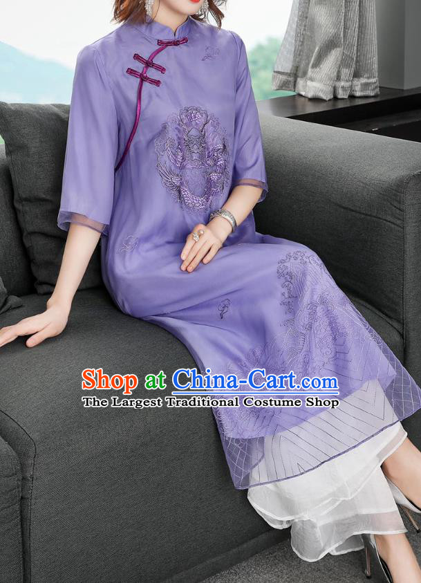 Chinese Traditional Embroidered Dragon Purple Chiffon Cheongsam Women Classical Qipao Dress